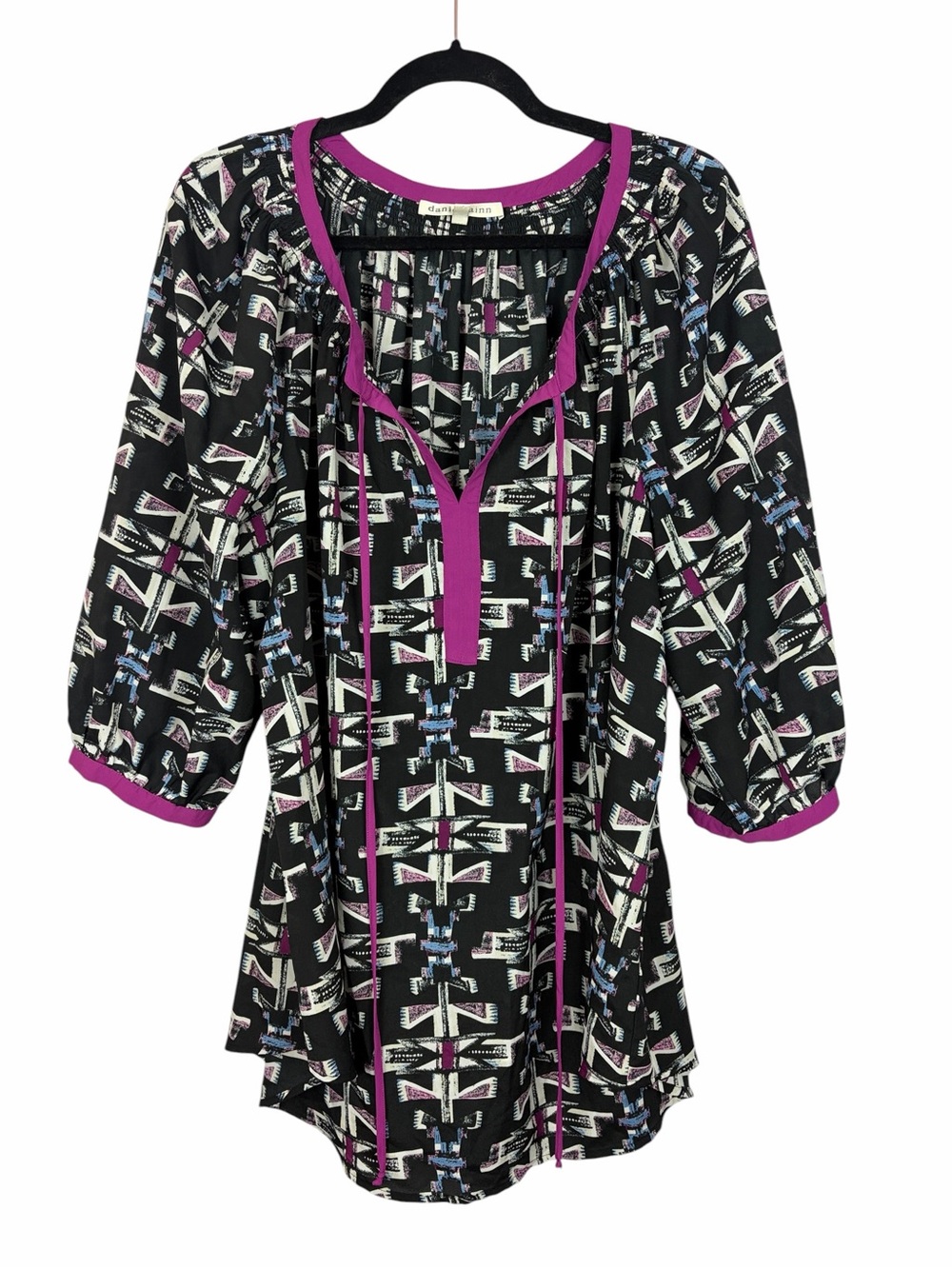 Daniel Rainn Black & Purple Abstract Boho Peasant Tunic Blouse 1X Tie Neckline